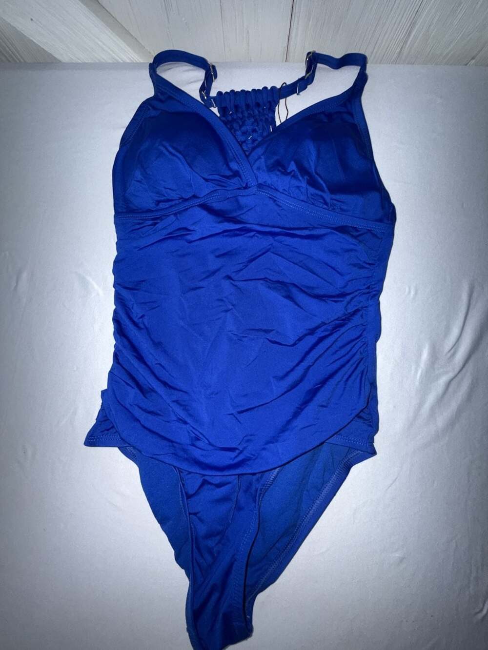 Firpearl Women's Royal Blue Ruched One-Piece Swimsuit with Strappy Macrame Back